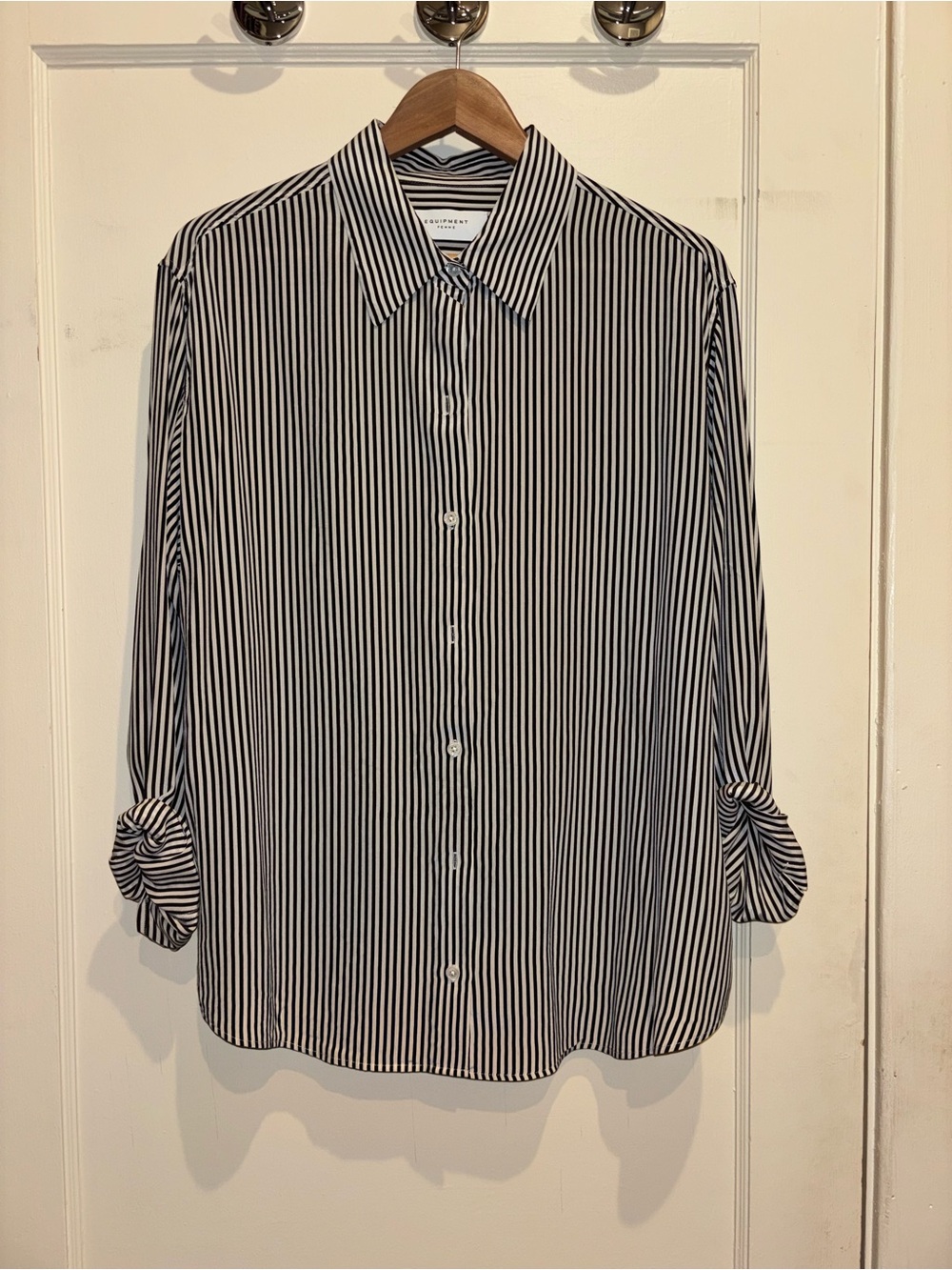 Equipment Black and White Vertical Stripe Dress Shirt